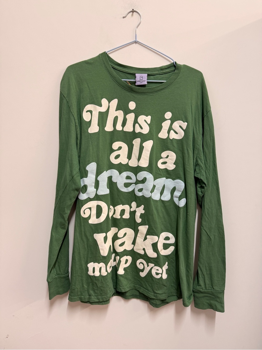 LONELY GHOST Green Tee with Cream Tag Graphic